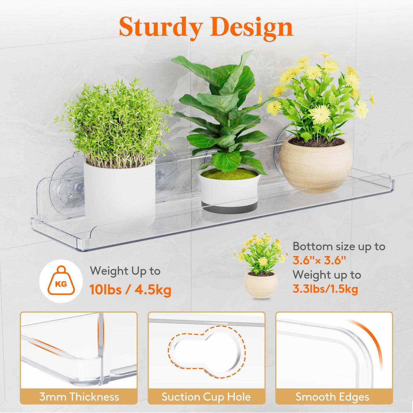 Lifewit Window Plant Floating Shelves 14.6x3.6, 2 Pack Acrylic Suction Cup Shelf, Window Sill Extender for Indoor Succulent Plants, Micro Greens, Seed Starter Pots, Herb Planters 37 x 9 cm/14.6x3.6