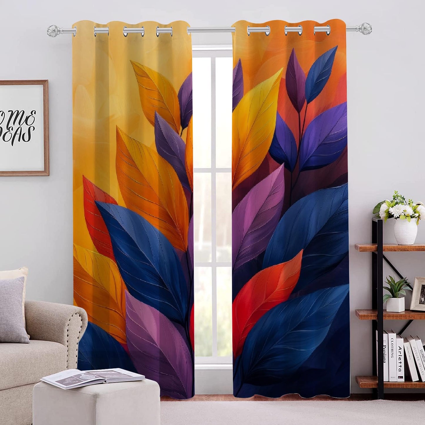 Colorful Plant Leaves Blackout Curtains 2 Panels, Yellow Brown Background 3D Printed Drapes with Grommet Darkening Thermal Insulated Window Draperies for Living Room Bedroom(104" W x 63 "L)