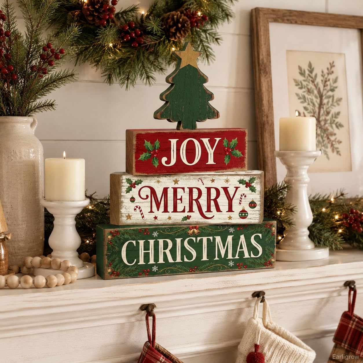 4 Pcs Christmas Decor Joy Merry Christmas Wooden Block Signs Farmhouse Rustic Tabletop Centerpiece Xmas Tiered Tray Decor with Green Tree for Home Kitchen Mantel Shelf Party Gift