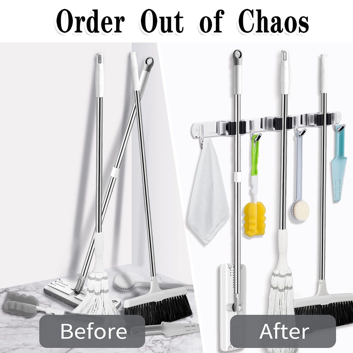 AceMining 5 Racks and 4 Hooks Mop and Broom Holder Wall Mount, Broom Organizer Storage Tool Racks Stainless Steel Heavy Duty Hooks Self Adhesive Solid Non-slip for Home Kitchen Garden Laundry Garage