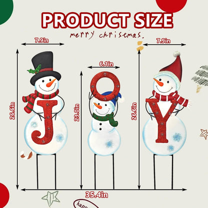 Christmas Outdoor Yard Signs Decorations, LED Solar Metal Garden Stake Lights with Joy for Patio Lawn Christmas Decor (Snowman Family)