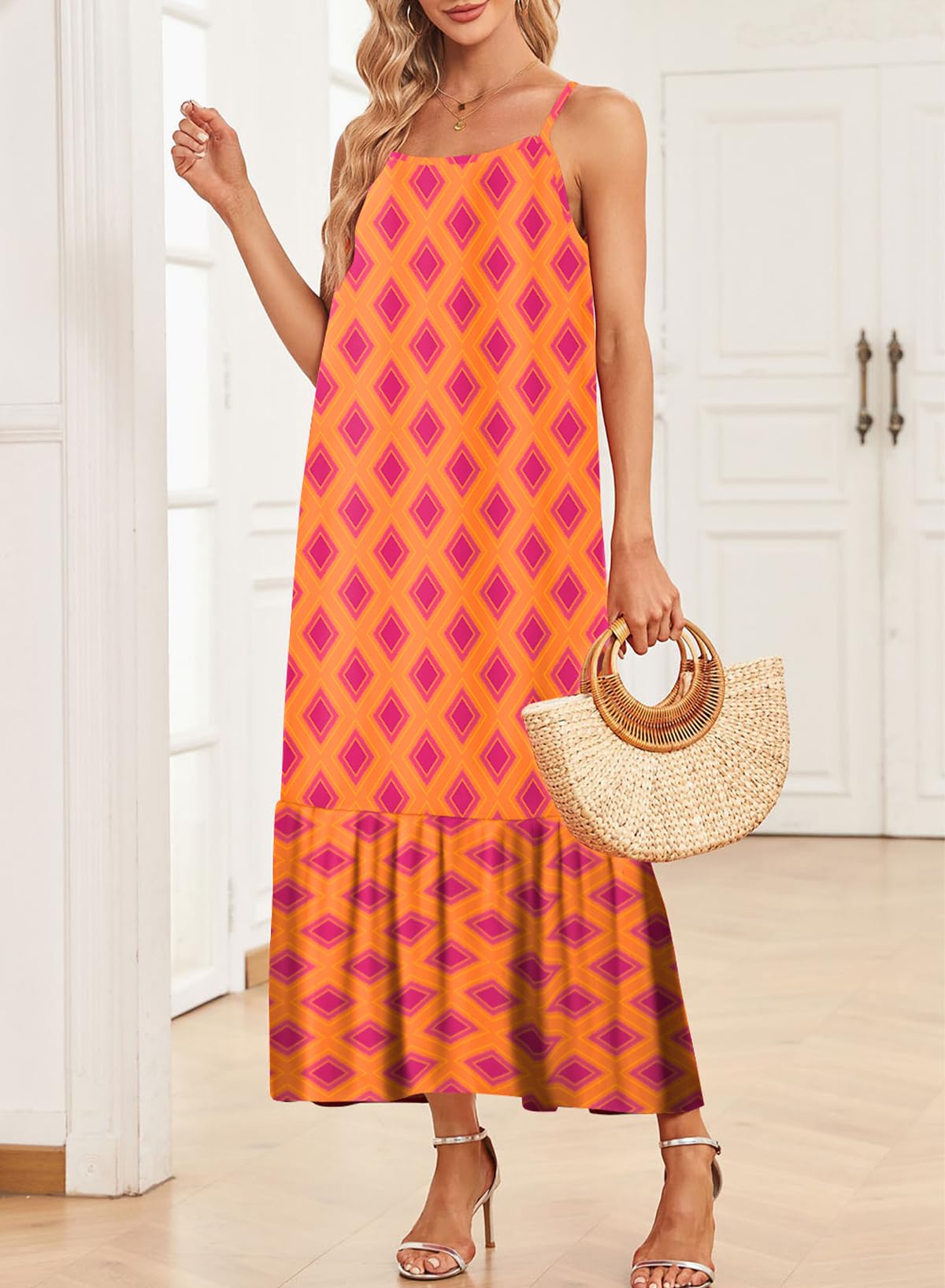 Dokotoo Women Summer Dresses 2025 Spaghetti Strap Scoop Neck Smocked Ruffle Flowy Boho Maxi Dress