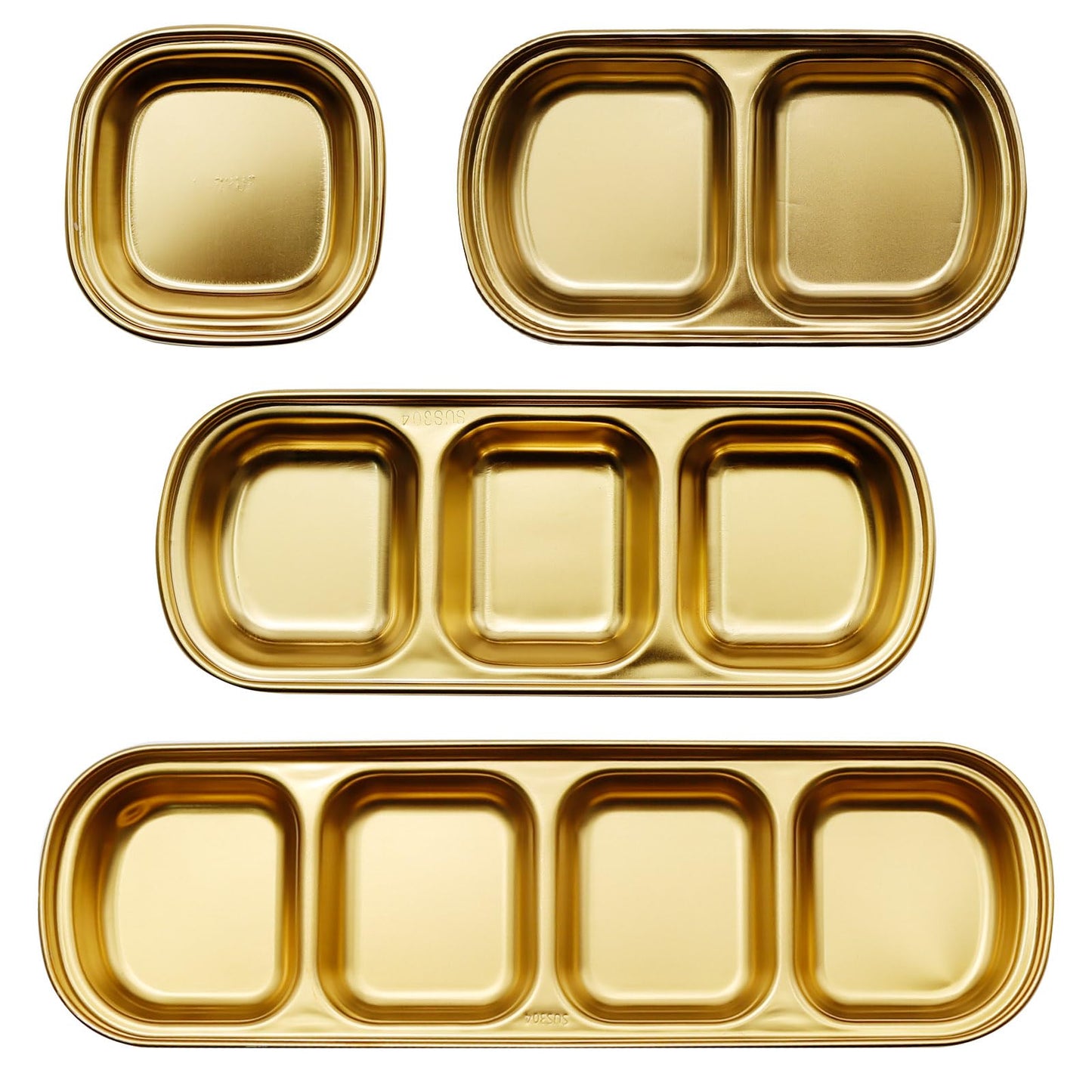 EATAKWARD 4 Pcs Stainless Steel Sauce Dish, Divided Dipping Plates, Divided Seasoning Sauce Dip Bowl, 1/2/3/4 Compartment Sauce Vinegar Seasoning Dishes, Vinegar Soy Spice Condiment Tray for Home