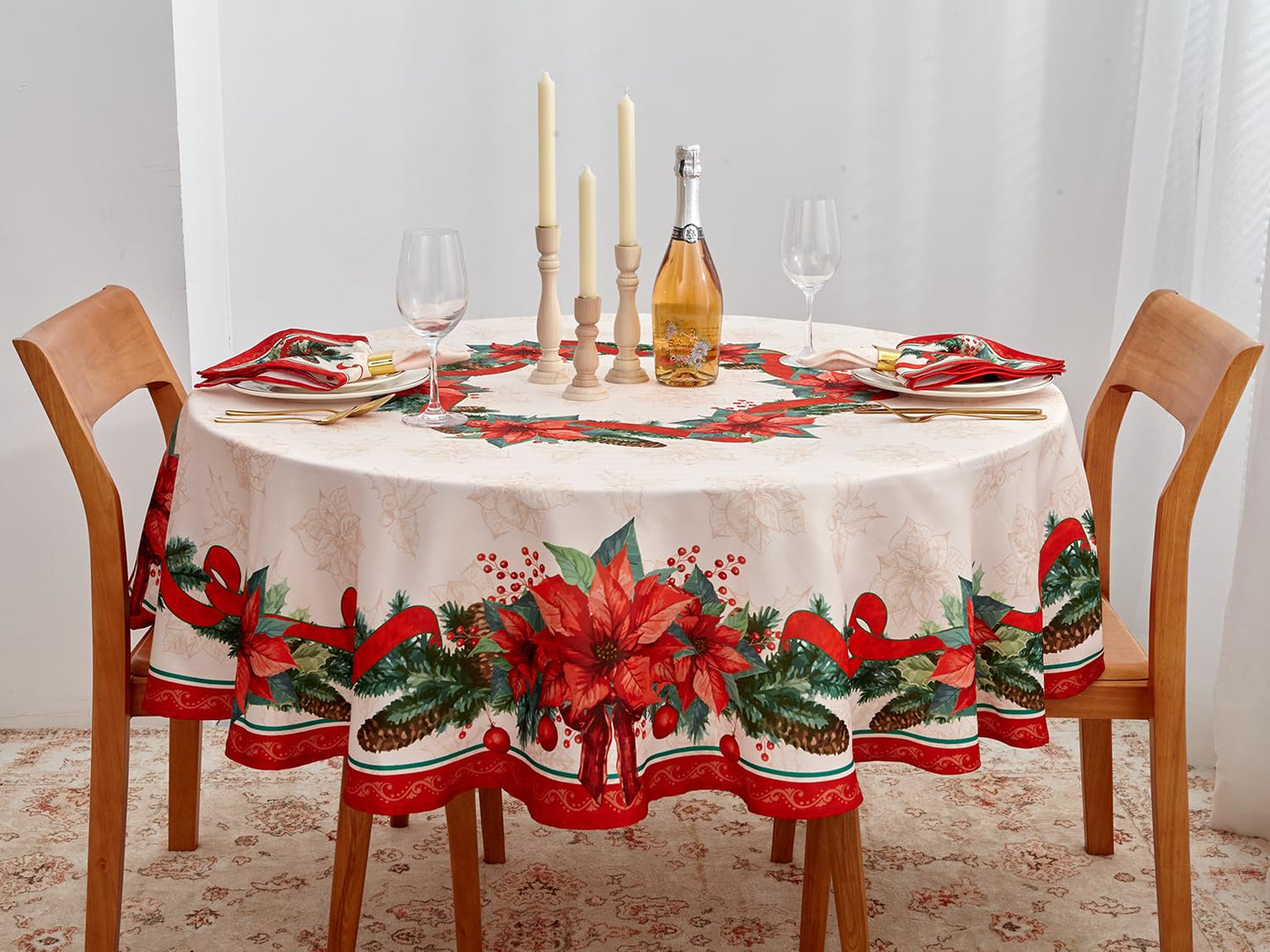 YiHomer Poinsettia Ribbon Engineered Printed Fabric Christmas Tabletop for Xmas Winter Holiday, Christmas Time, Tablecloth, 70" Round
