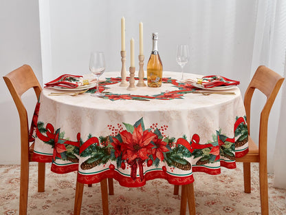 YiHomer Poinsettia Ribbon Engineered Printed Fabric Christmas Tabletop for Xmas Winter Holiday, Christmas Time, Tablecloth, 70" Round