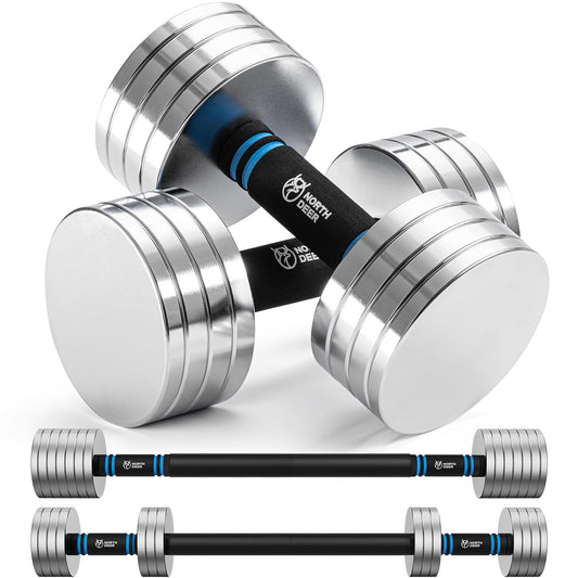Northdeer 2.0 Upgraded Adjustable Steel Dumbbells, 40Lbs Free Weight Set with Connector, 2 in 1 Dumbbell Barbell Set, Home Gym Workout for Men and Women - Sliver color