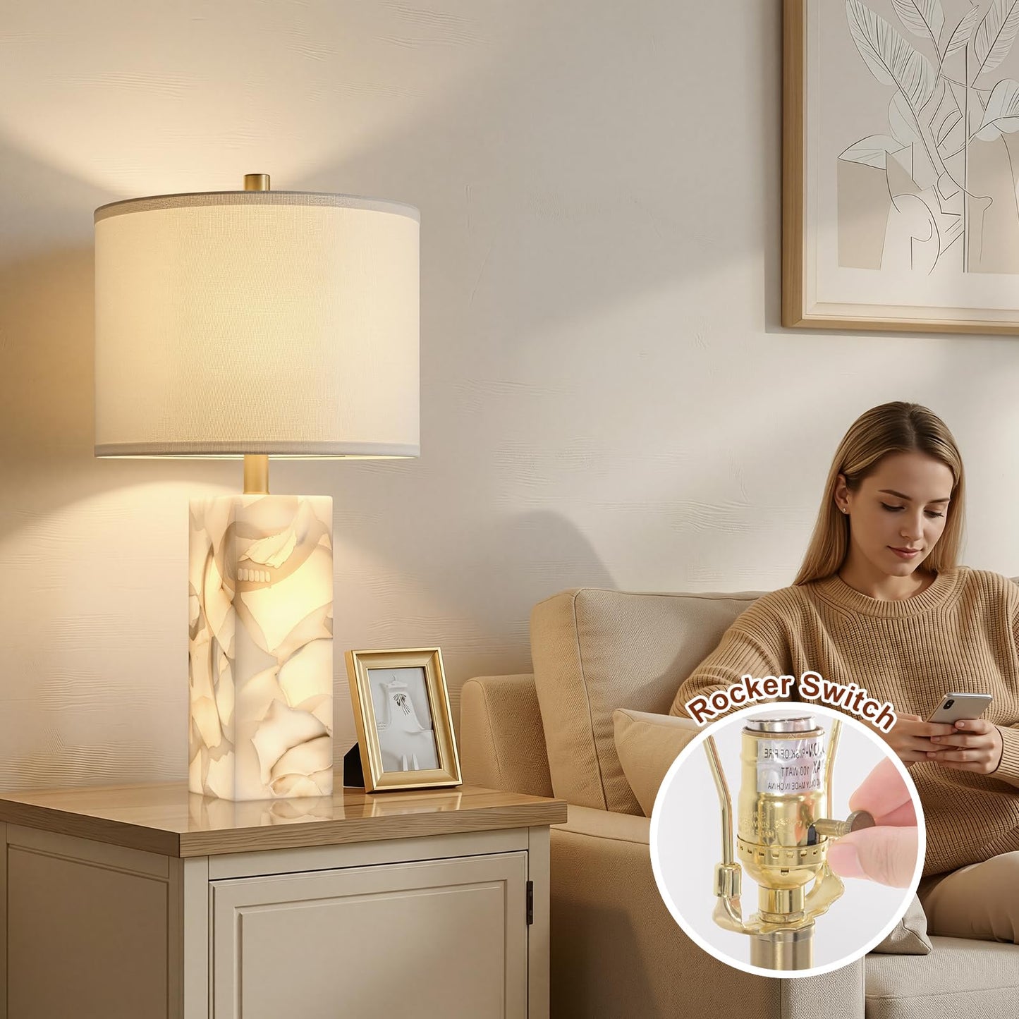 Scenekoy Alabaster Table Lamp Set of 2 with Night Light for Bedroom Living Room, 23" Rotary Switch Bedside Lamp with Linen Shade, Modern Nightstand Lamps for Room Office Dorm (Bulb Included)