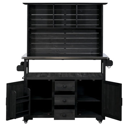 GDFStudio Preden Outdoor Storage Bench Table with Cabinet, Patio Wooden Potting Bench, Garden Storage Work Bench with Stainless Steel Top, Drawers, Cabinets, Shelves and Hooks, Kitchen Island, Black