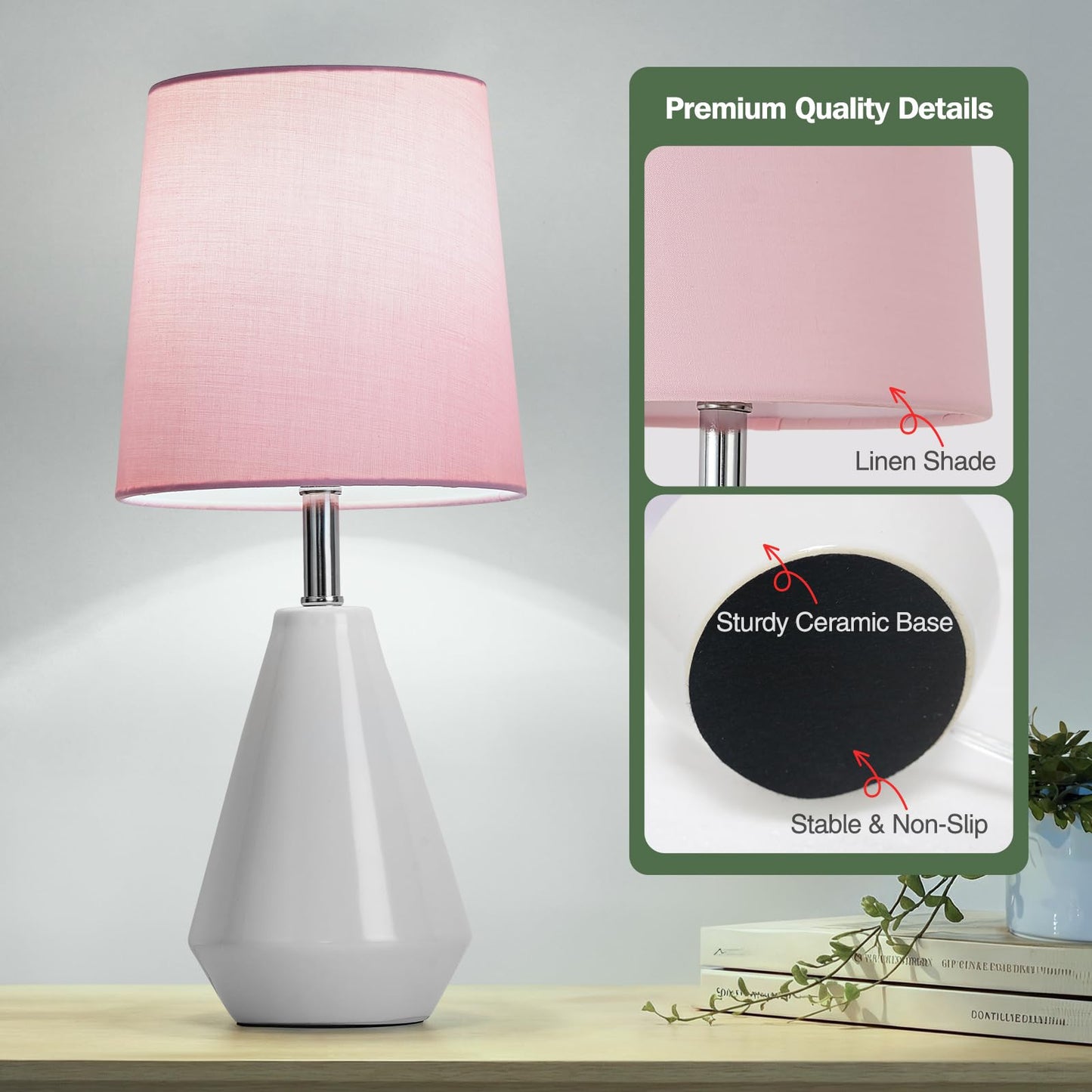 bdayanx Small Bedside Table Lamp for Bedroom-Reading Desk Lamp Set of 2,with 3 Color Temperatures,15.5" Nightstand Ceramic Lamp with Fabric Shade for Kids Room,Living Room,Dorm,Home Office