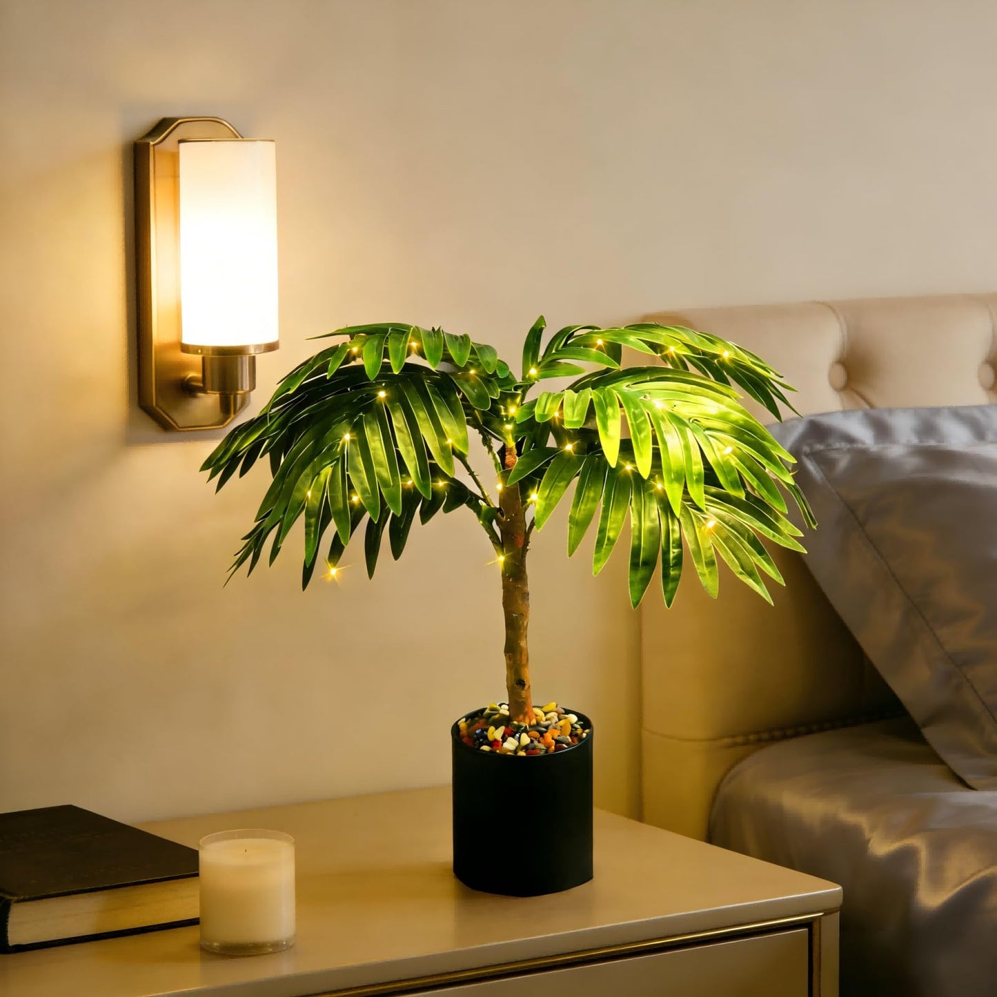 IJG 20'' Lighted Palm Tree Faux Plant with LED Lights - USB & Battery Box Powered - Artificial Palm Tree for Living Room, Home Decor, Indoor Decoration (Palm Leaf)