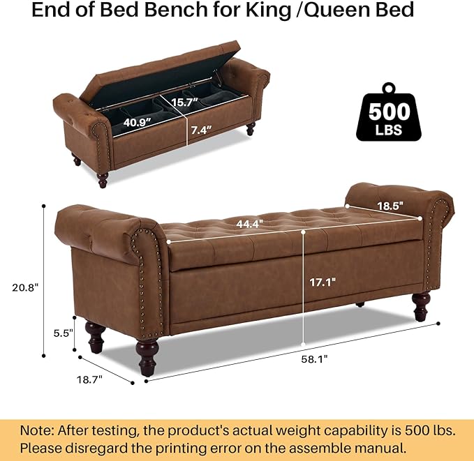 SOFTHION 58.1" Storage Bench Upholstered PU Leather End of Bedroom Bed Bench