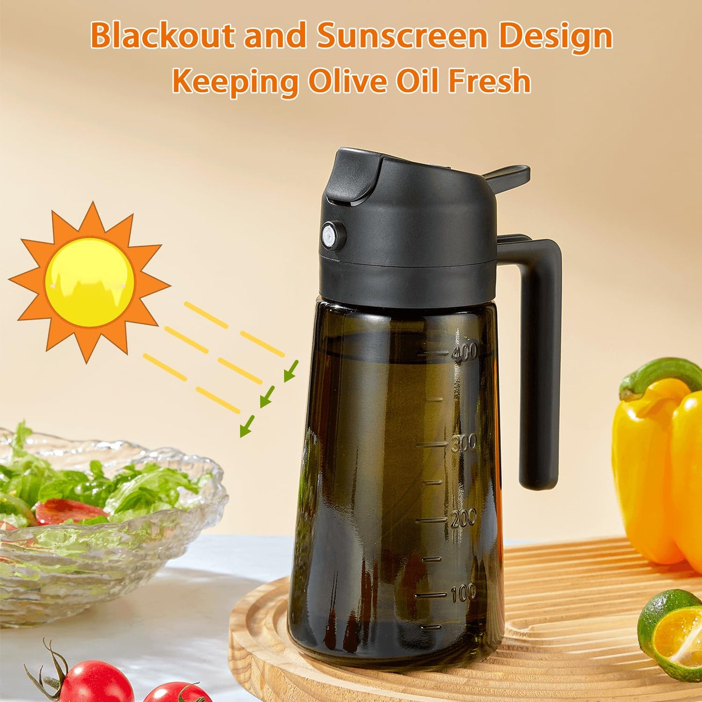 With Stickers 16oz Olive Oil Sprayer for Cooking - 2 in 1 Spray & Pour Olive Oil Dispenser - 470ml Glass Spray Oil Bottle - Kitchen Gadgets
