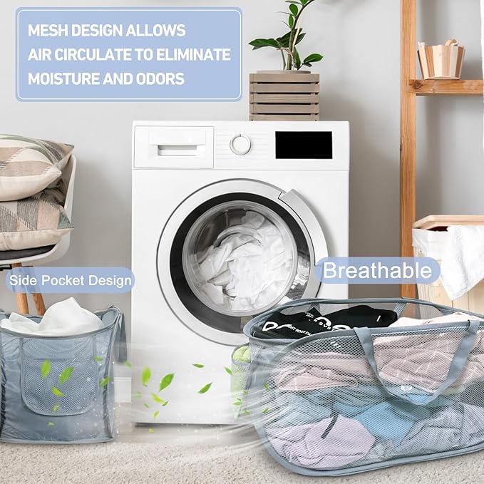 2PCS Mesh Laundry Hamper, Collapsible Laundry Baskets, 75L Large Foldable Dirty