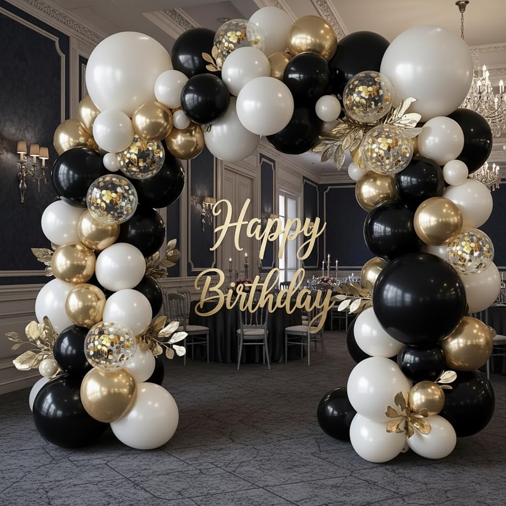 PTGOLUO Black and Gold Balloon Arch Garland Kit 150pcs 2026 New Year's, Double Stuffed Pearl Sand White Black Chrome Gold Balloons Arch Kit for Graduation Father's Day Birthday Party Decoration