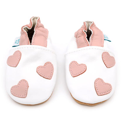 Dotty Fish Girls Soft Leather Baby and Kids Barefoot Shoes. Non-Slip Suede Soles. Elasticated Ankles, Podiatry Approved, Breathable, Lightweight & Flexible - White & Pink Hearts 12-18 Months
