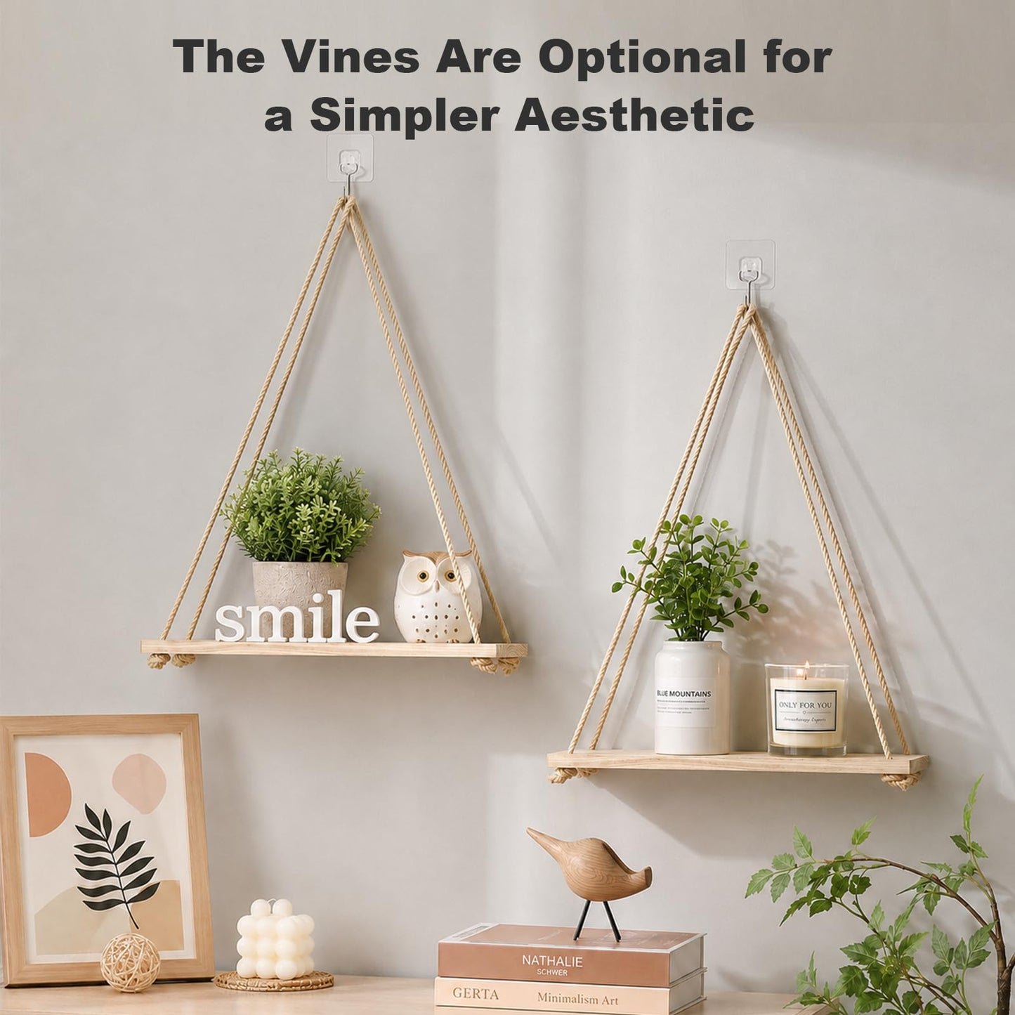 RICHER HOUSE Macrame Floating Shelves for Wall No Drilling, Boho Hanging Shelf with Artificial Ivy and LED Lights, Plant Wall Decor for Living Room Bedroom Dorm