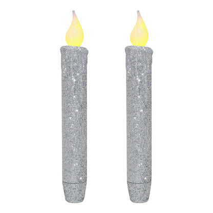 CVHOMEDECO. Glitter Flameless Candles Flickering Battery Operated LED Taper Candles with Timer for Home, Wedding, Halloween, Christmas Decor. Glitter Silver, 6-3/4 Inch, Set of 2