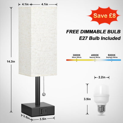 Aooshine Bedside Lamps, Table Lamp with USB C+A Charging Ports, Small Lamp with 3-Color Modes with Pull Chain, Bedroom Lamps with Beige White Fabric Shade(LED Bulb Included)
