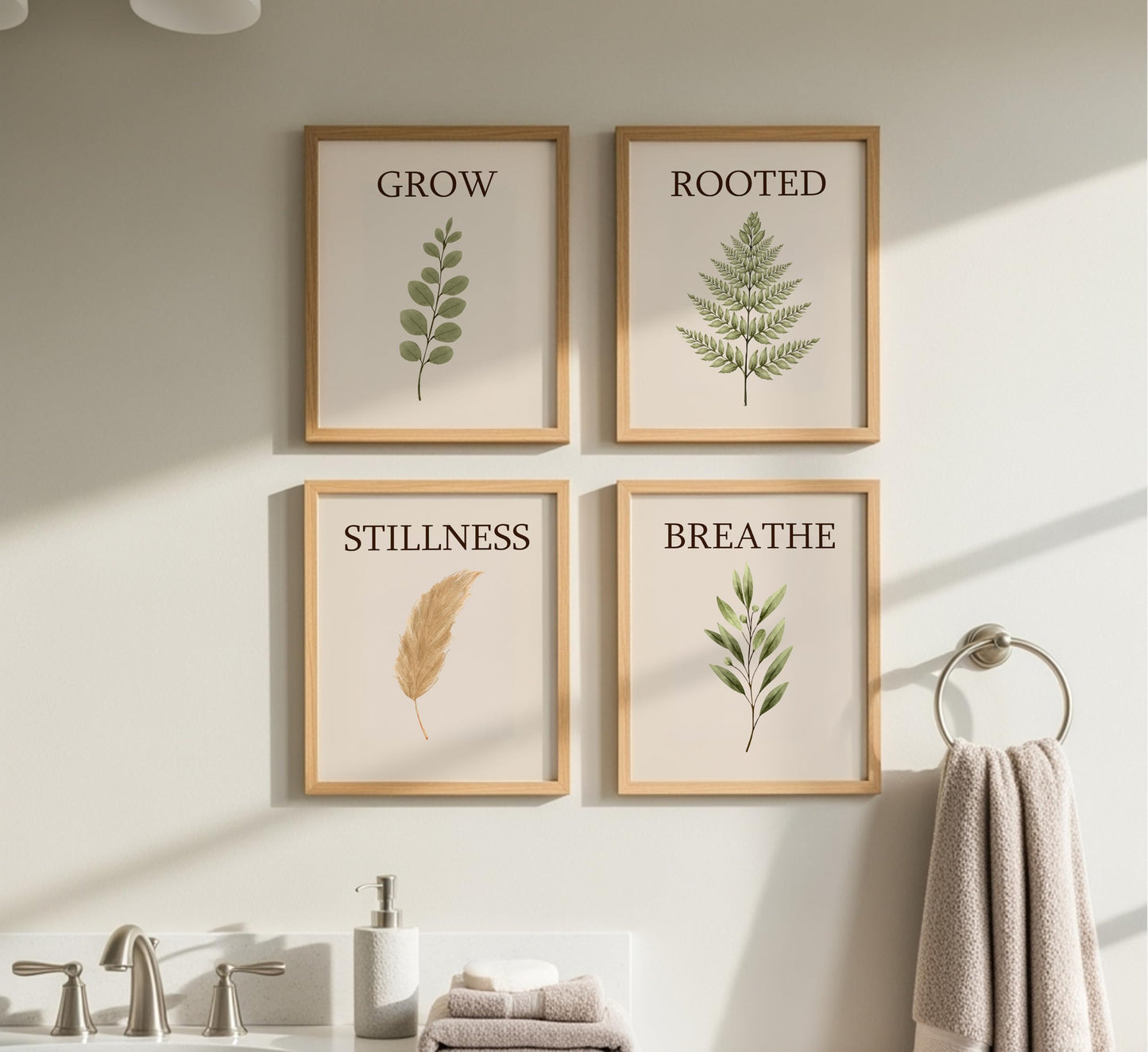 AMERICAN LUXURY GIFTS Breathe Grow Stillness Rooted Botanical Prints - Minimalist Typography Zen Wall Decor for Bedroom Bathroom Office - Set of 4, 8x10 Unframed Prints