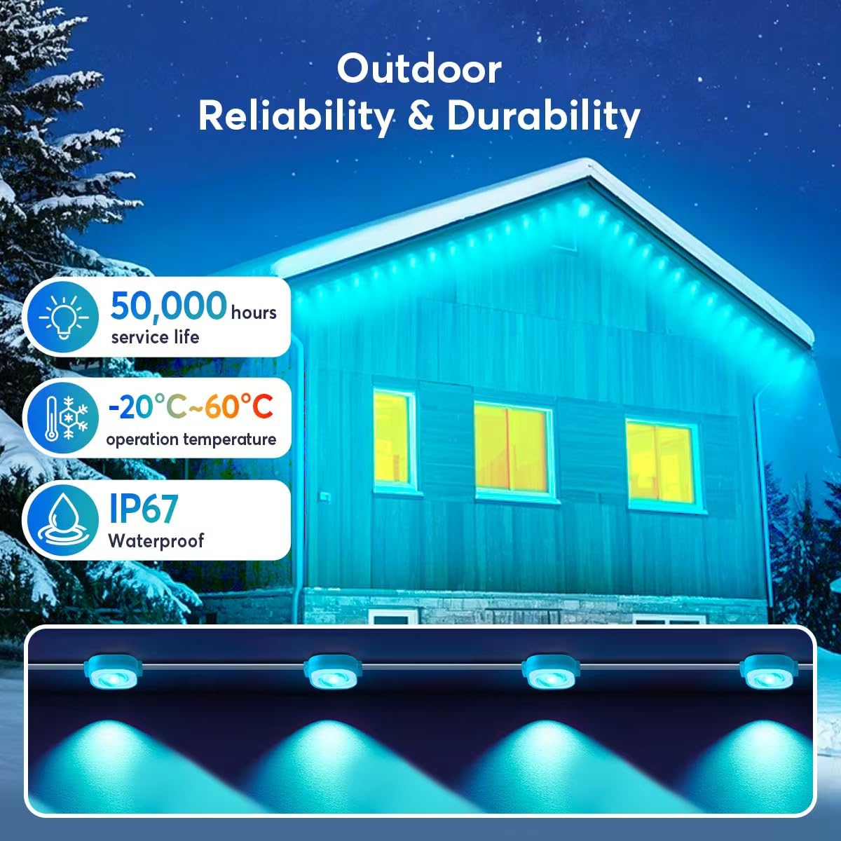 HConce Permanent Outdoor Lights Pro, 50ft RGB LED Eaves Lights, IP67 Waterproof with Smart App&Remote Control,for Christmas,Party, Daily, Halloween and All Holiday Decor
