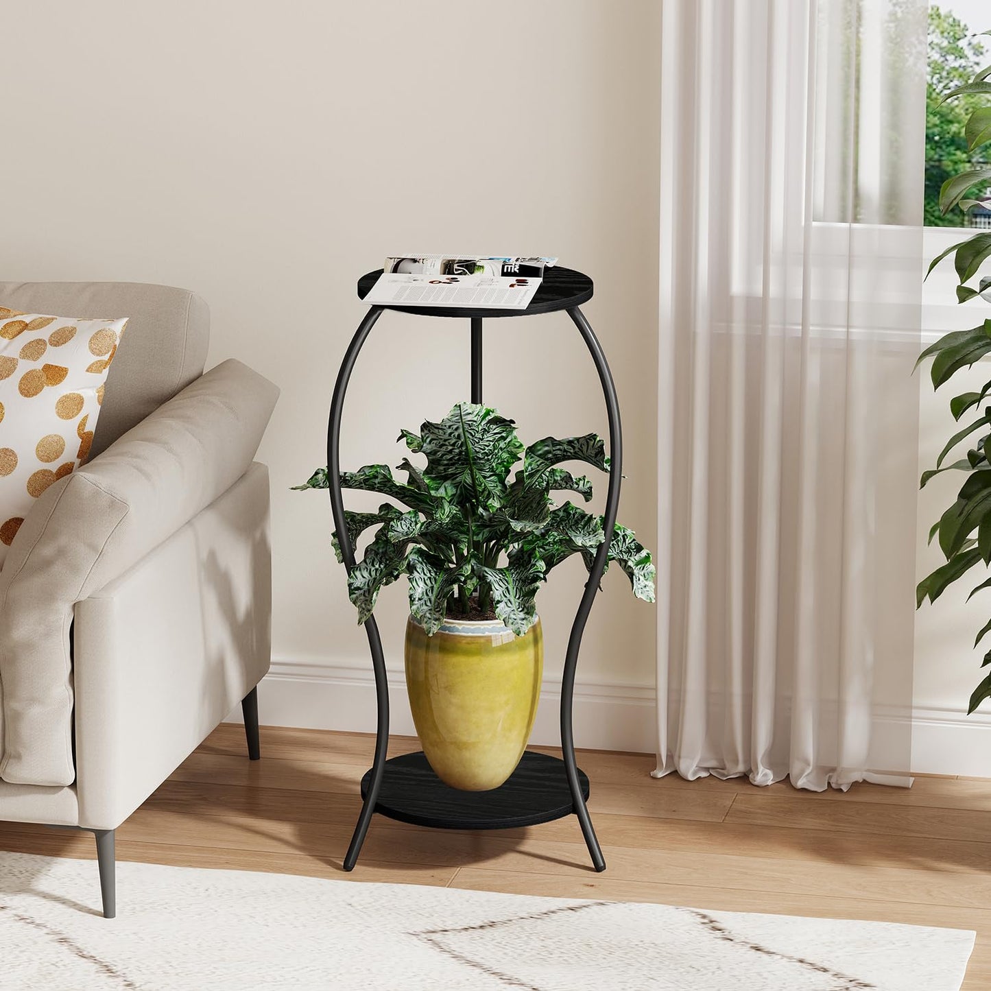 VYUOL Plant Stand Indoor, 2 Tier Round Tall Plant Stand, Flower Pot Stand, Plant Shelf Rack, Corner Plant Stand for Planter Garden Balcony Patio Living Room, Black