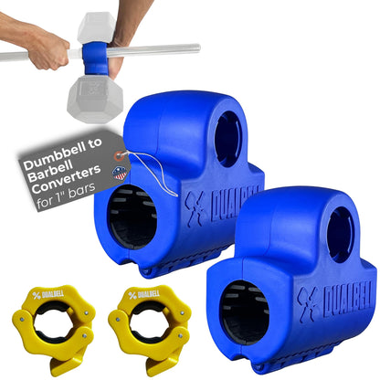 DUALBELL Dumbbell Barbell Adapters, Blue w/Yellow Weight Collars for 1" Bar, Dumbbell Converters Quickly Connect Dumbbells to Barbell Securely for Home Gym Workouts