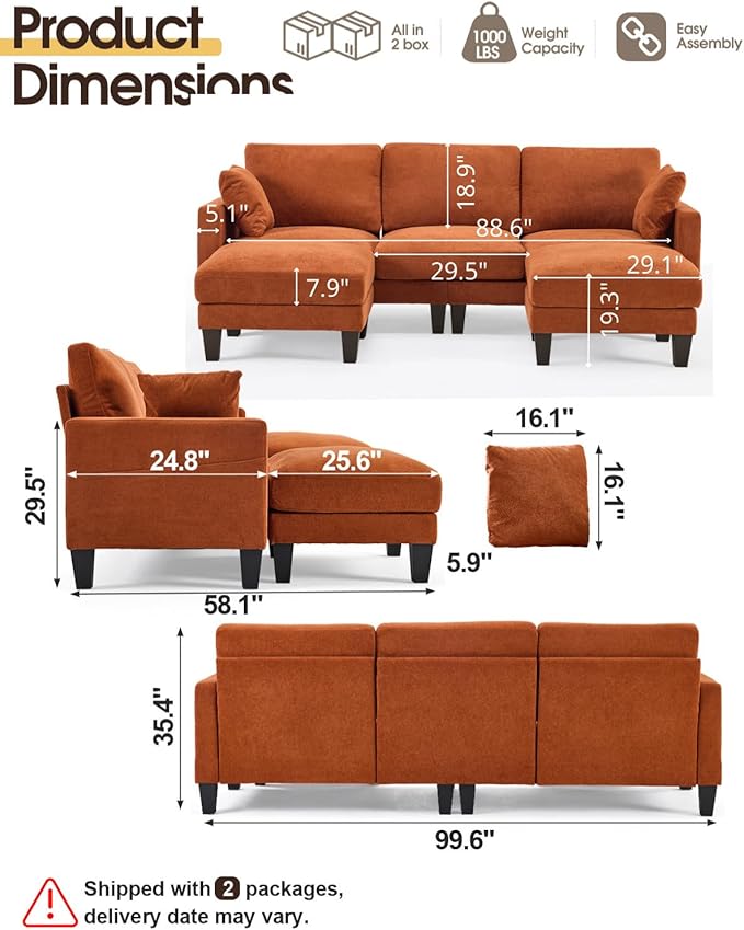 Karl home 99.6" Sectional Sofa, U-Shaped Chenille Upholstered Couch