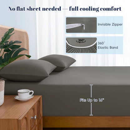 PHF Cooling Fitted Sheet Set Queen Size for Hot Sleepers, Q-Max > 0.4, Silky Soft & Breathable, Ideal for Night Sweats & Summer, 1 Fitted Sheet & 2 Pillowcases, Fits Up to 16", Charcoal Grey