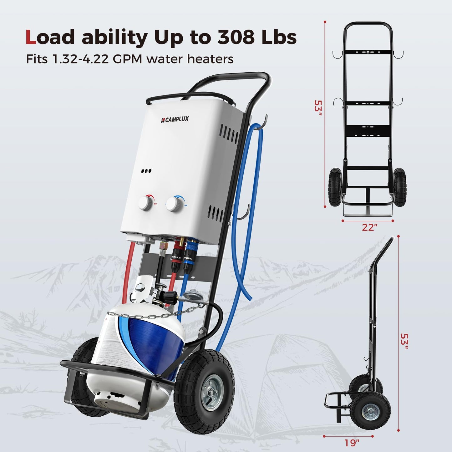CAMPLUX Dolly Hand Cart for Portable Tankless Water Heaters, Mobile Hot Water Washing Station for Pet Grooming, Horse Stables