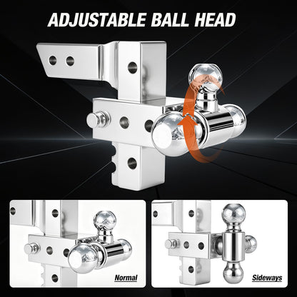 Adjustable Trailer Hitch Fits 2 Inch Receiver 12,500Lbs for Heavy Duty Truck RV with Tri-Ball (1-7/8", 2", 2-5/16") Stainless Steel 6-Inch Drop/Rise Aluminum Towing Ball Mounts (Silver)