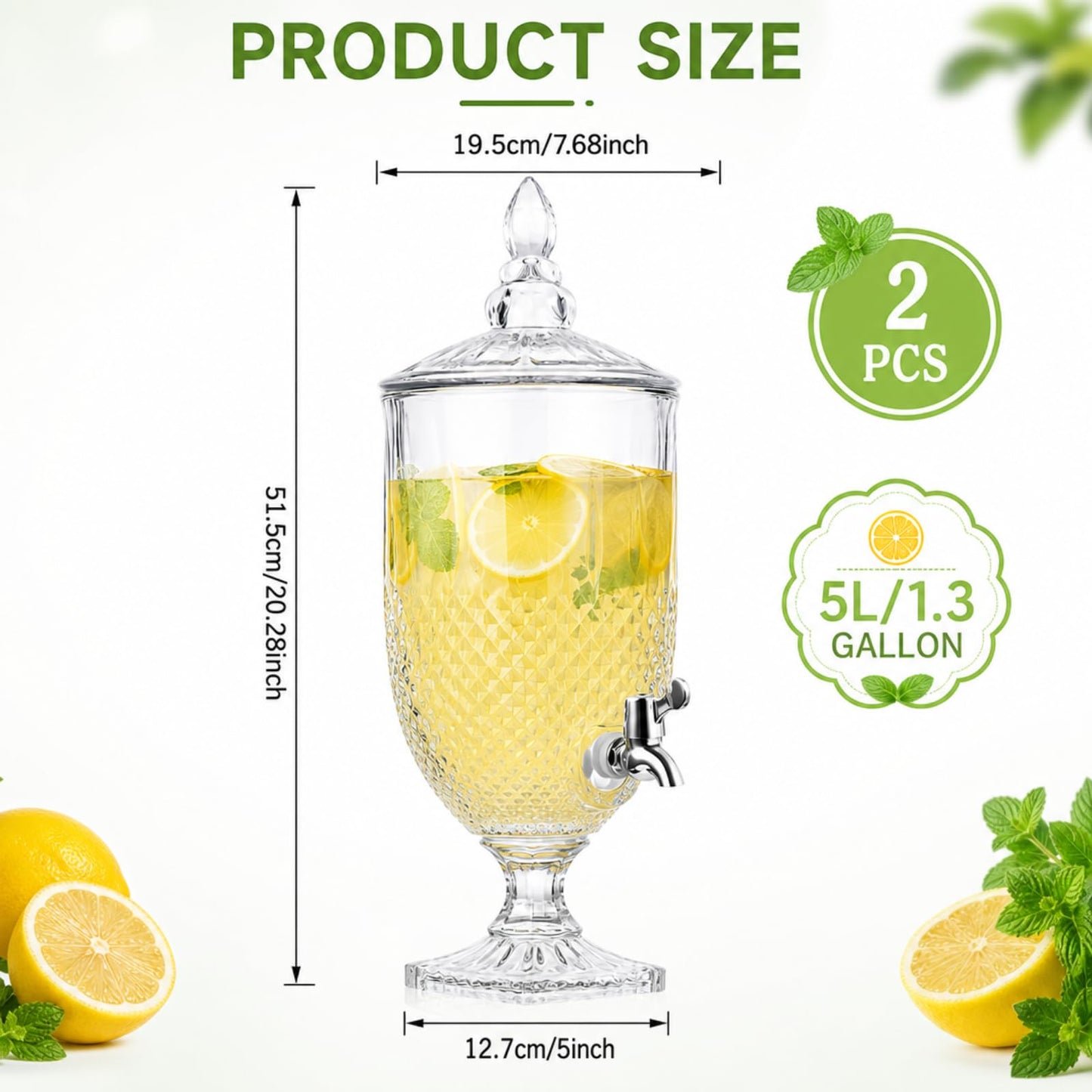 Bokon 2 Pieces 1.3 Gallon Drink Dispensers for Parties Crystal Iced Beverage Dispenser with Stand and Spigot, Glass Liquid Containers Wide Mouth Beverage Server for Juice Tea Wedding(Exquisite)