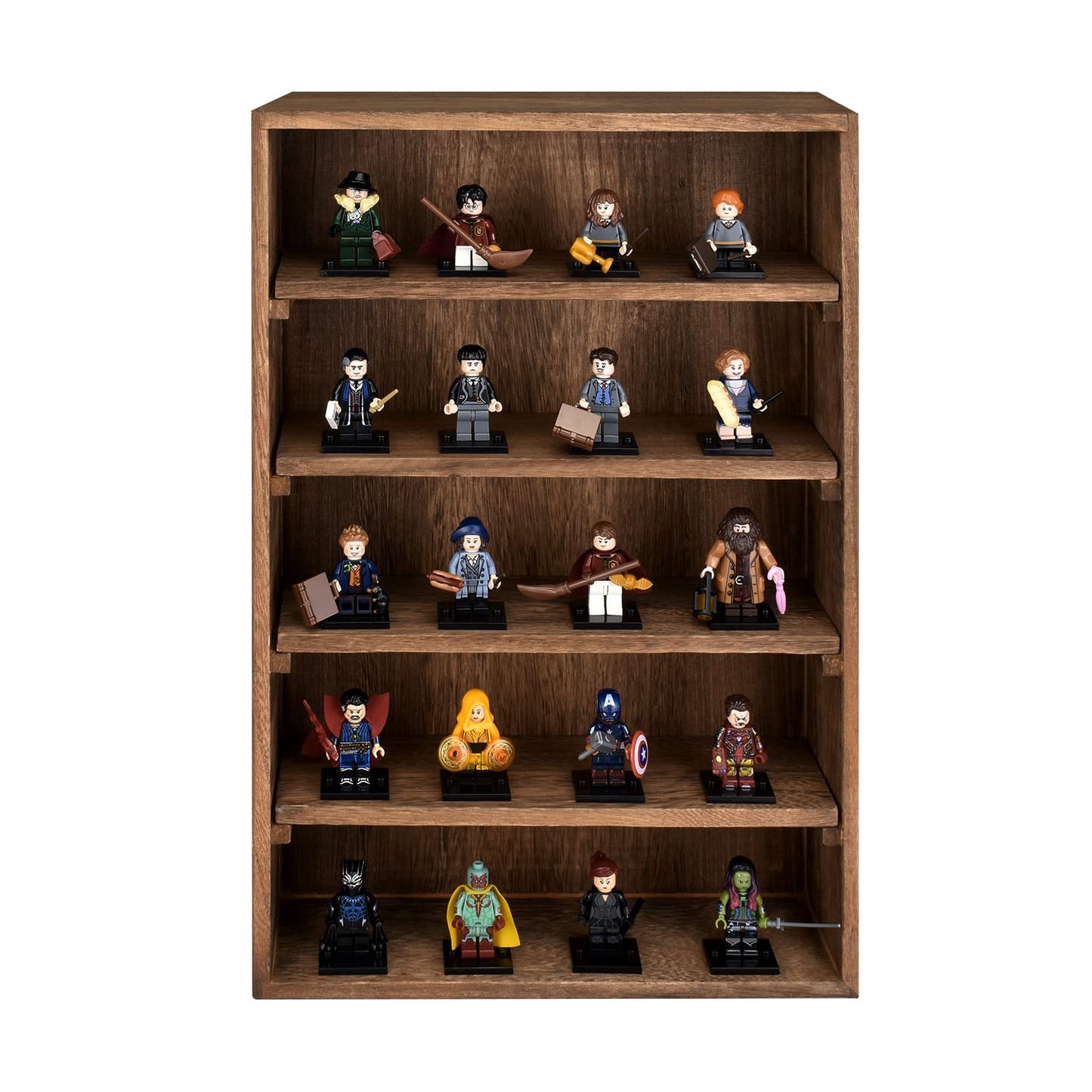 Ikee Design Wooden Wall-Mounted Display Shelves Rack for Collectibles-Figures,Shot Glasses,Spice Can,Cosmetics or Perfume-5 Adjustable Height Shelves,Space-Saving- Brown Color