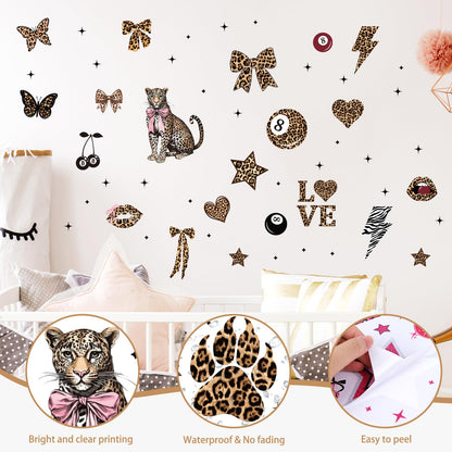 Wxiben Cheetah Print Wall Decals - 200 Pcs Leopard Print Walls Stickers Decor for Room Y2K Bow Star 8 Ball Peel and Stick Wall Decals for Home Bedroom Living Room Classroom Apartment Dorm