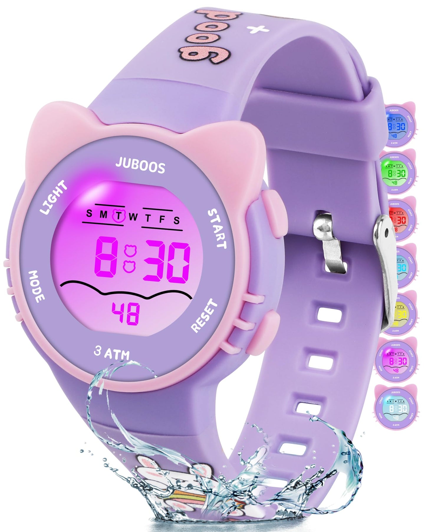 Juboos Kids Digital Watch,Watches for Girls Boys,Children's Waterproof Wrist Watches with Print and Colourful Lights,Toddler Watch with Cat Ears for Boys Girls (Orchid)