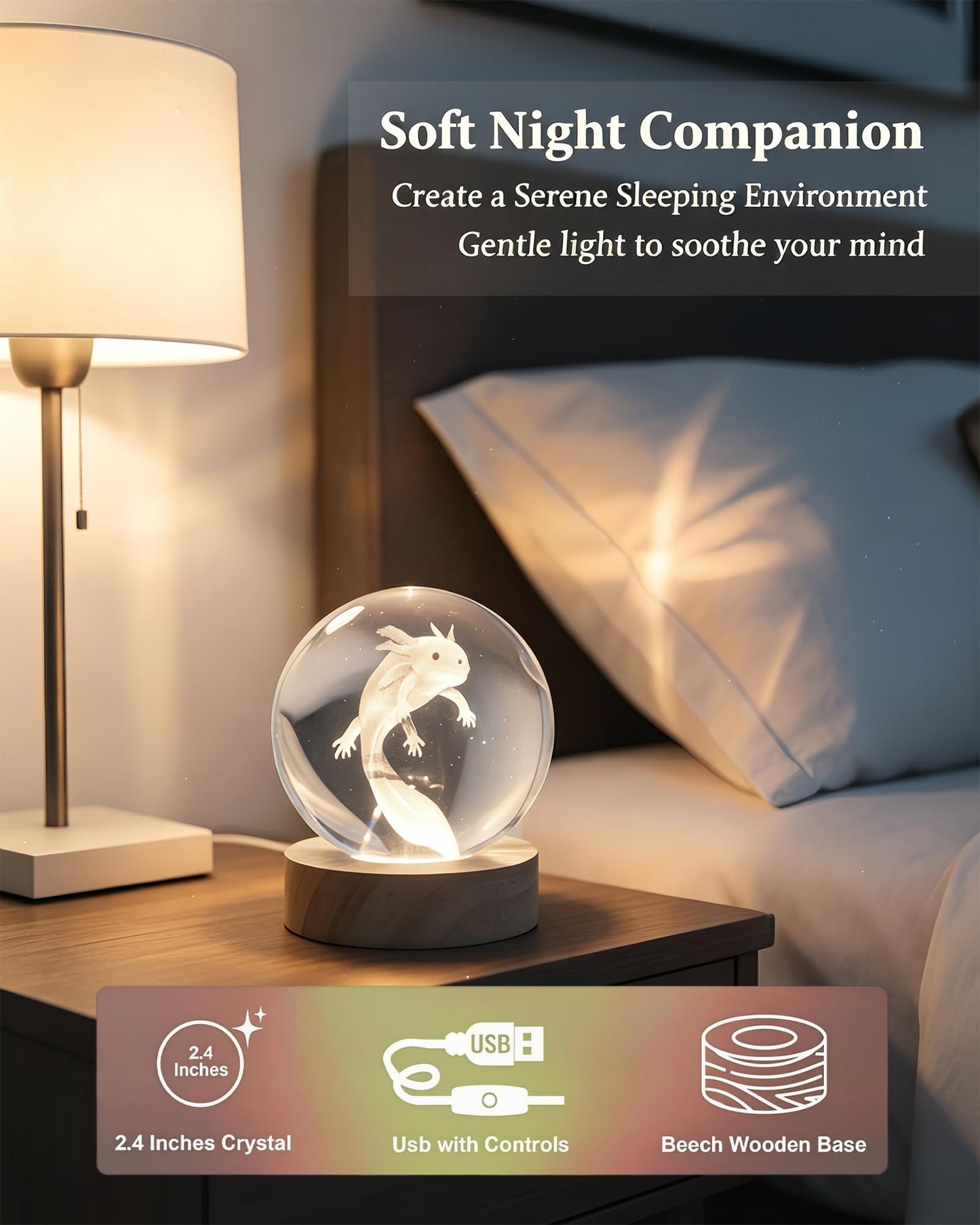 DTZDTA 3D Axolotl Night Light 3.15" Solid K9 Crystal Ball Lamp