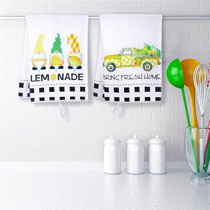 Bencailor 4 Pcs Lemon Kitchen Towels Lemonade Dish Towels Gnome Black and White