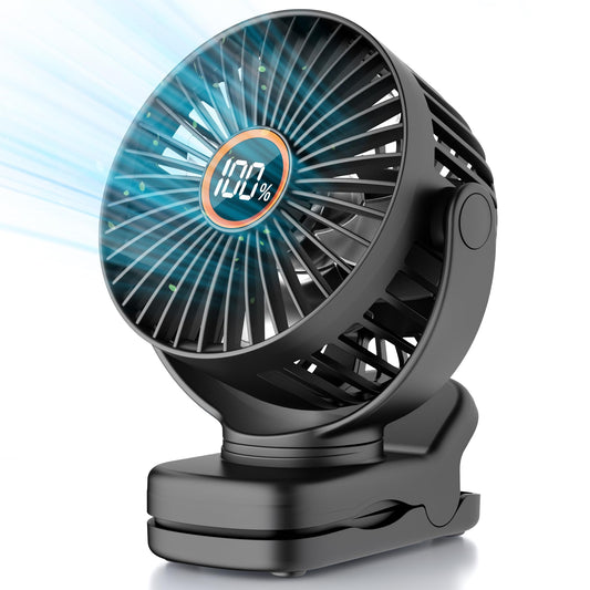 TUNISE Mini Clip on Fan, Battery Operated Desk Fan, Digital display，3 Speeds Adjustable, Bidirectional 360 ° Adjustable, Super Strong Wind, Portable Fan for Home Office Stroller Camping Black