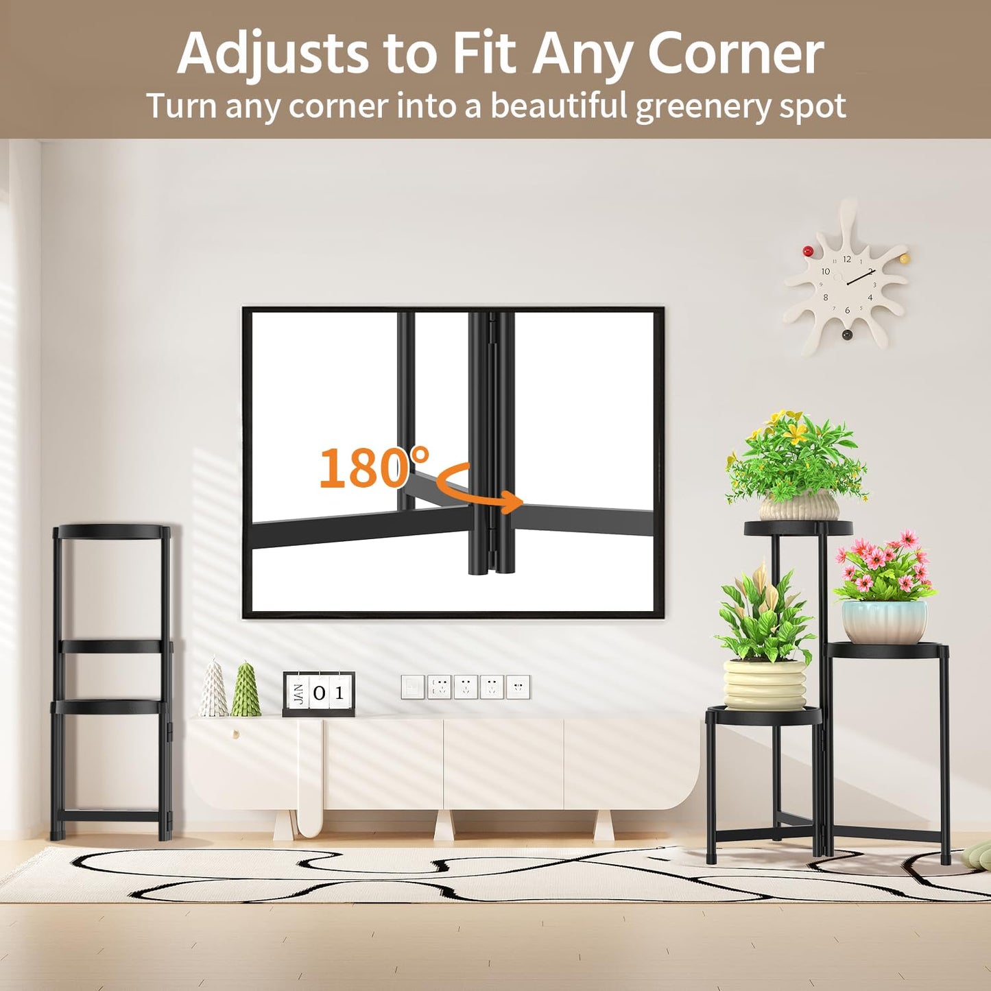 LASZOLA 3 Tiered Plant Stand Indoor Outdoor with Plastic Tray, Corner Folding Tall Flower Display Rack, Modern Plant Holder Shelf for Outdoor Patio Porch Garden Office Living Room, Black