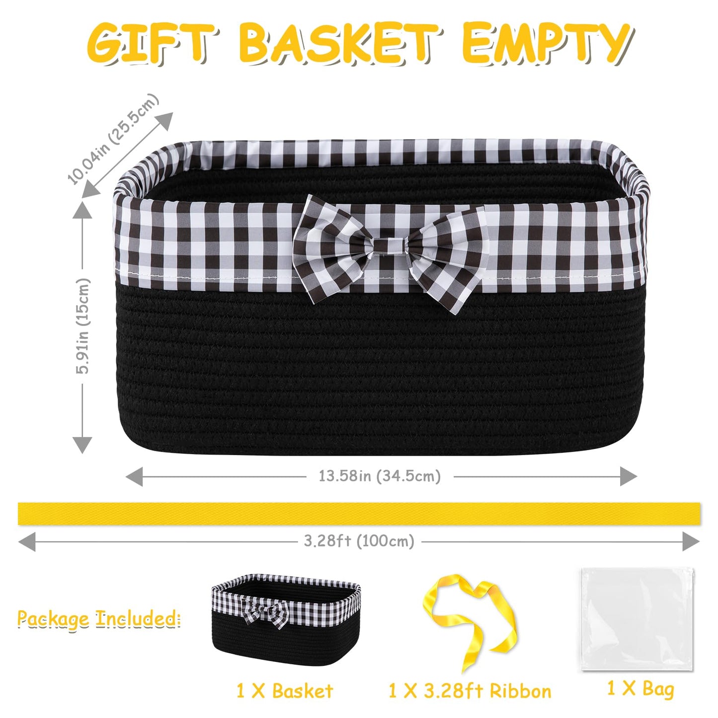 OIASKET Basket for Gifts Empty, Large Gift Basket 13L with Gift Bag and Ribbon, Woven Cotton Basket for Baby Showers, Birthday, Wedding, Mother's Day, 13.58"x10"x5.9", Black
