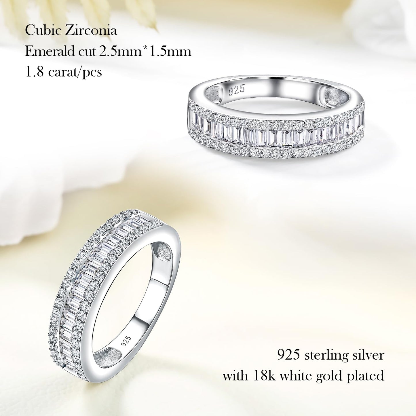 RANDES Women's Wedding Bands Cubic Zirconia Eternity Rings 925 Sterling Silver Created Diamond Baguette Rings Band for Women Men Size 10