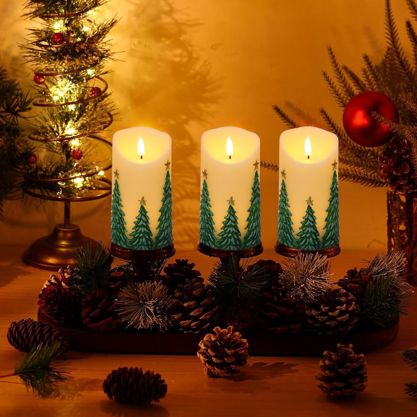Eldnacele Christmas Flameless Candles with 6 Hour Timer Battery Operated Hand Painted Christmas Tree Real Wax 3D Wick Flickeirng LED Pillar Candle for Dinner Indoor Holiday Xmas Decor(2Pcs,D3×H5.7)