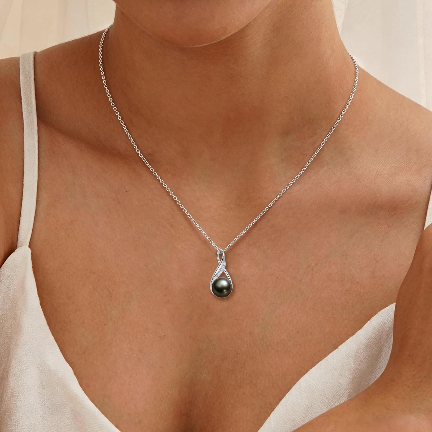 DENGGUANG Tahitian Black Pearl Necklace for Women, 9-10mm Cultured Round Pearl Infinity Pendant with Moissanite, 925 Sterling Silver Adjustable Chain 18+2", Anniversary Wedding Birthday Christmas Gift for Wife Mom, Women Jewelry