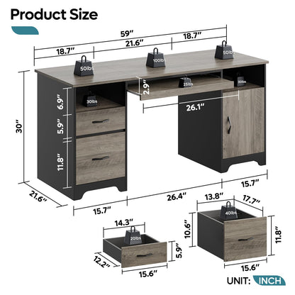 Bestier 59”Executive Desk with 2 Drawers,Computer Desk with Storage Cabinet,Industrial Wood Desk with File Drawer,Keyboard Tray & 2 Pedestals for Home Office & Studio,Gray