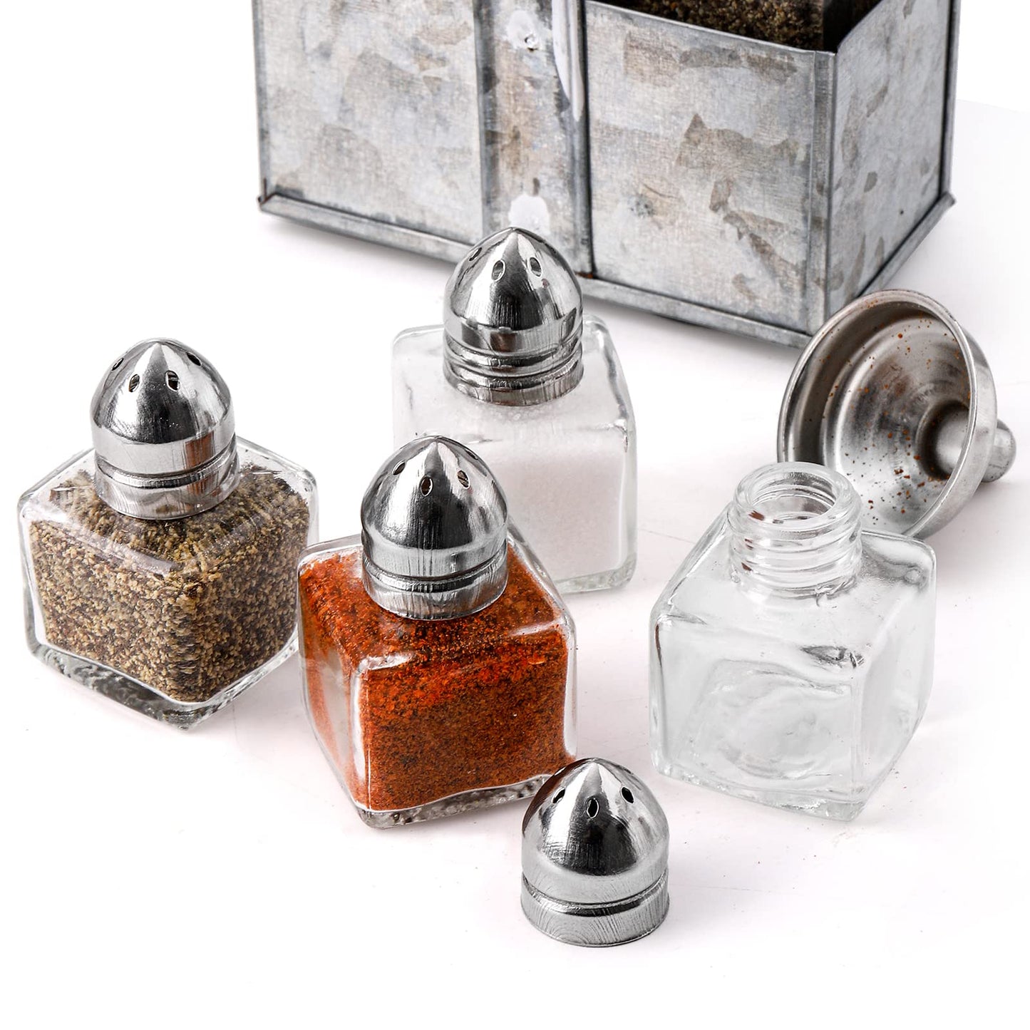ZEAYEA Set of 24 Small Salt and Pepper Shakers, 0.5 oz Mini Glass Seasoning Jars with Funnel, Glass Cube Body Spice Pepper Pots for Wedding, Party, Restaurant, Home Kitchen Supplies