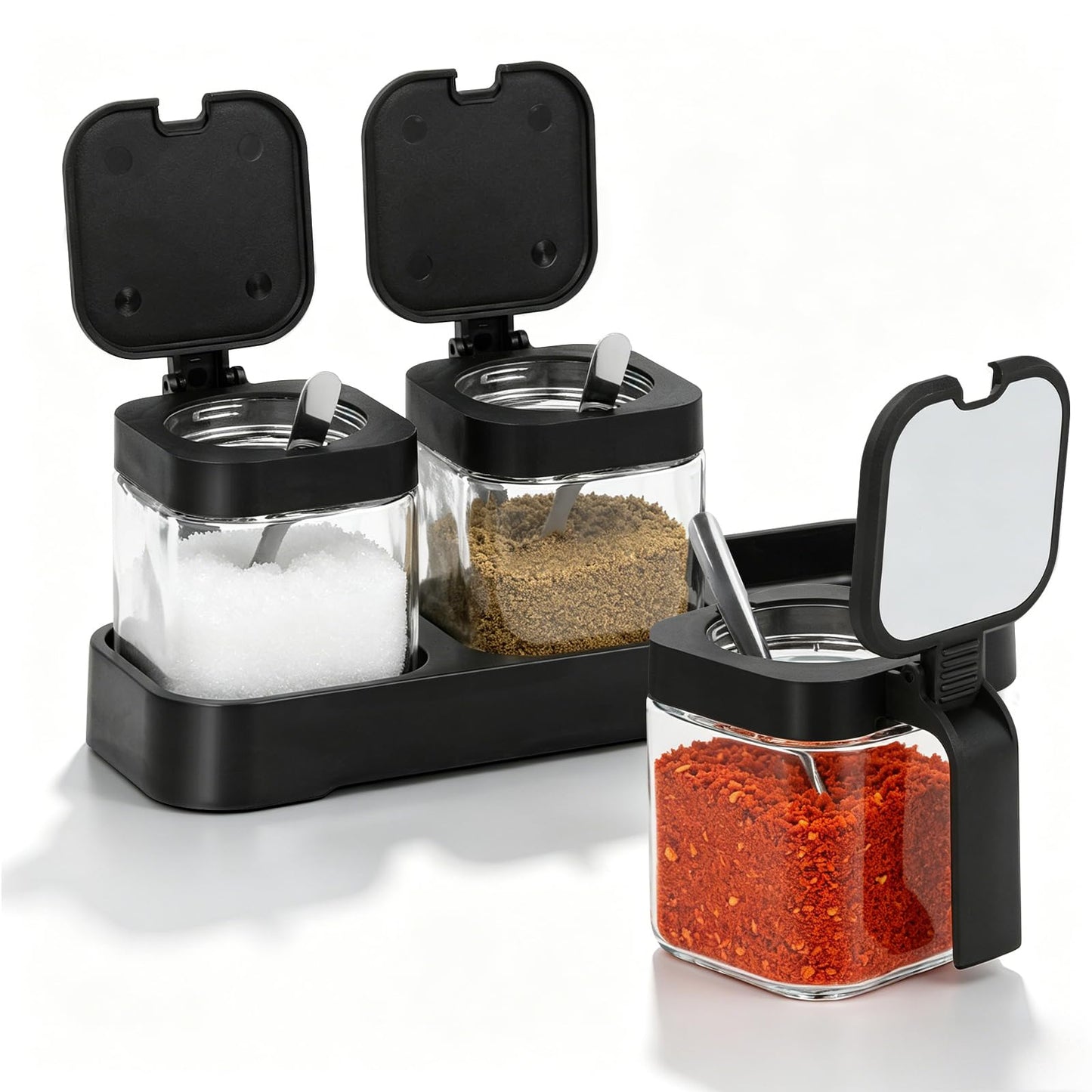JEPELUS 3 Pcs Condiment Jar Spice Container with Lids and Spoons, Clear Glass Salt and Sugar Container Sets, Square Condiment Canisters Pots Seasoning Box for Kitchen Countertop (Black)