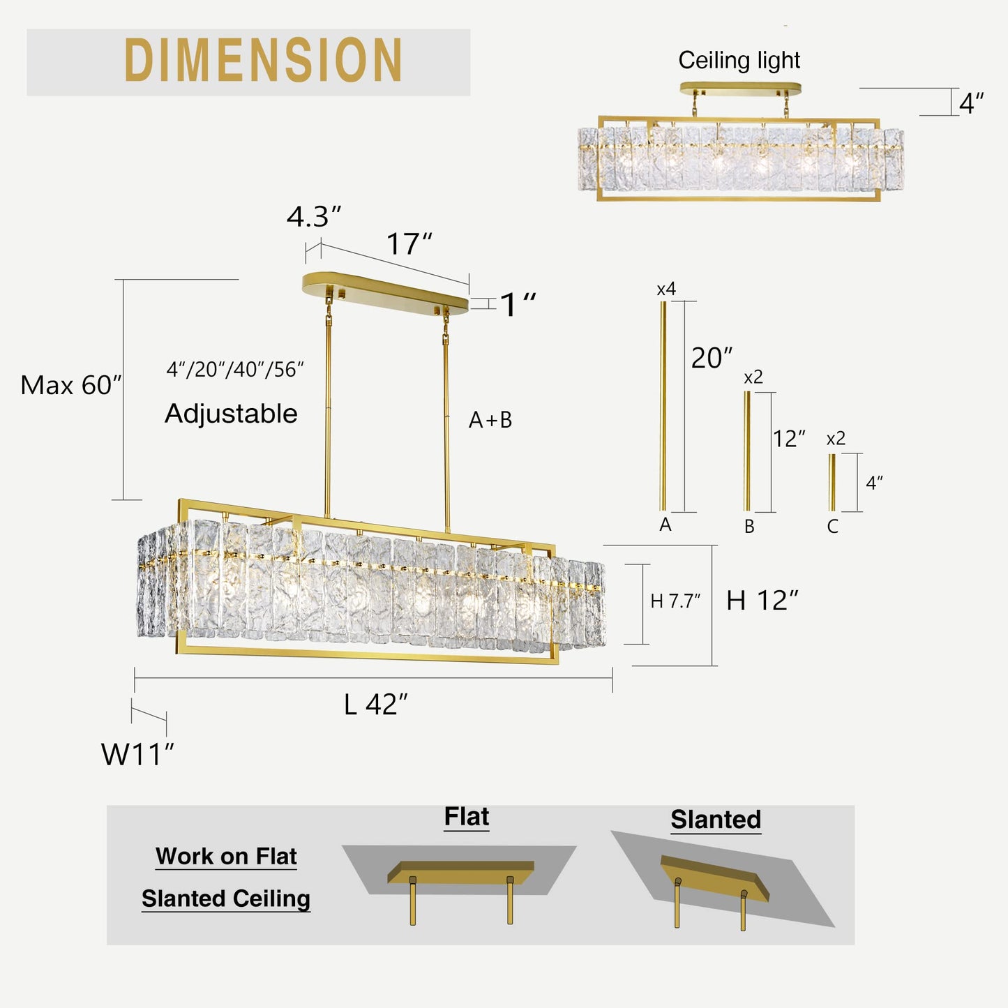 IKK Modern Rectangle Gold Crystal Chandeliers for Dining Room, 42" Large Rectangular Water Ripple Glass Island Light Fixture, Elegant Linear Lighting for Kitchen Island, Living Room, L42 x W11 x H12