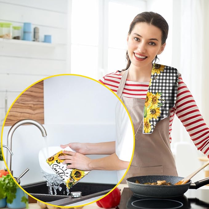 Geyoga 6 Pcs Spring Floral Kitchen Towels Flamingo Dish Hand Towels Sunflower