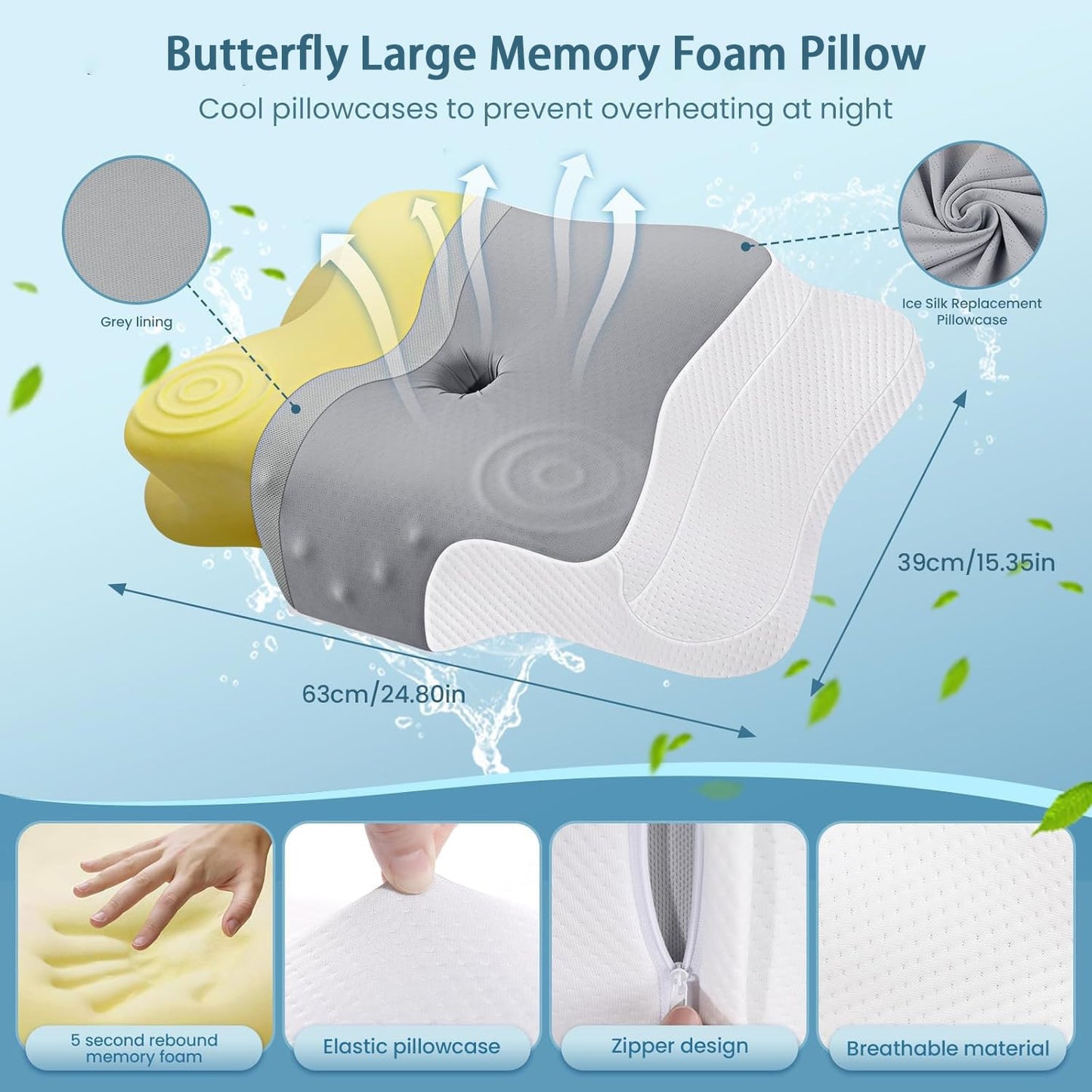 JINXIA Cervical Memory Foam Pillow for Neck Pain, Bed Sleeping Pillow for Shoulder Pain,Ergonomic Orthopedic Support Pillow for Side/Back/Stomach Sleepers with Removable Cover(Ice Silk Pillowcase)