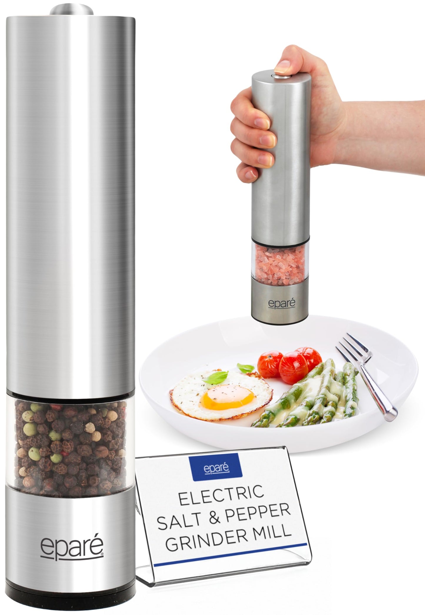 Eparé Salt or Pepper Grinder Mill Electric – Battery Operated Stainless Steel Mill with LED Light, Adjustable Ceramic Core, and One-Hand Push Button for Effortless Seasoning and Cooking