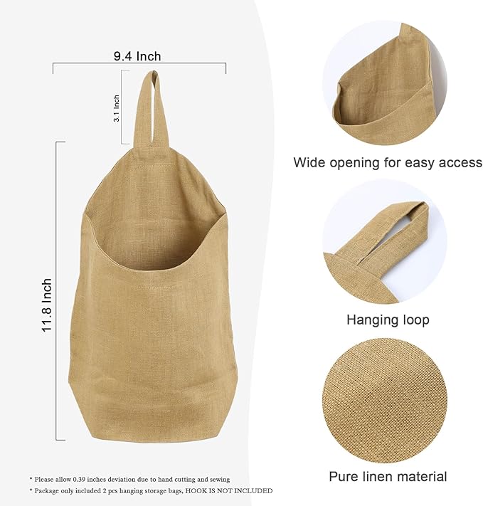 100% Linen Hanging Storage Bags Baskets 2 Pcs, Small Wall Storage Bag